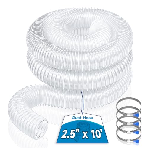 Hon&Guan 2 1/2" x 10' Dust Collection Hose, 2.5 Inch Flexible Clear PVC Dust Collector Hose with Carbon Steel Wire Woodworking Dust Collecting System, Includes 4 Hose Clamps - size: 2 1/2" x 10'