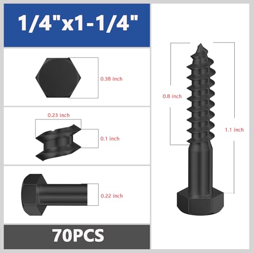 Wensilon Lag Screws Wood Screws,(70PCS, 1/4" x1-1/4, Black) Hex Head Lag Bolts,(6x30) Heavy Duty Lag Screws,304 Stainless Steel Bolts 18-8 - color: Black, size: 1/4"x1-1/4"