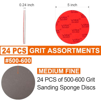 24 PCS 5 Inch Hook and Loop Sanding Sponge Discs Set 500-600 Grit - size: 5 In 500-600 Grit 24 PCS