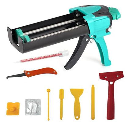 Double Caulking Gun,Dual Epoxy Gun for 400 mL(13.5 fl oz,1:1 Mix Ratio),Manual Dual Component Adhesive Applicator with 9 Pieces Caulk Tools,Green - color: Green