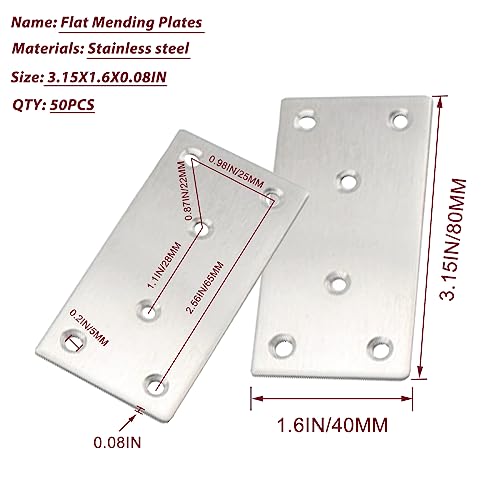 50PCS Flat Metal Brackets, 3.15" 304 Stainless Steel Mending Plates - size: 3.15X1.57X0.08IN