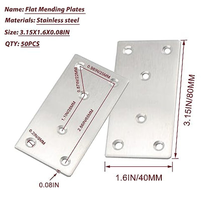 50PCS Flat Metal Brackets, 3.15" 304 Stainless Steel Mending Plates - size: 3.15X1.57X0.08IN