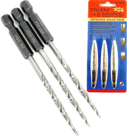 FTG USA 3Pc #6 (9/64") Replacement Countersink Drill Bit Set Tapered Bits - size: #6 (9/64"), style: 3 Bits w/o cutter