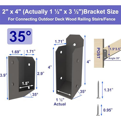 4 Pair 2" x 4" (1 ½" x 3 ½" Actual) Deck Railing 35° Stair Connectors Stainless Steel, for Fence Railings Handrail Installation Deck Railing Bracket - size: 2×4 Angle 35°