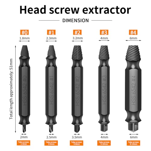 Damaged Screw Extractor Set, 6-Piece HSS, 3-12mm, for Broken Bolts
