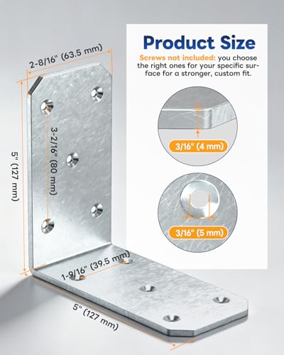 Heavy Duty L Brackets 5"x5"x2.5", 300LB, Galvanized 4 Pack - color: Galvanized-4PCS