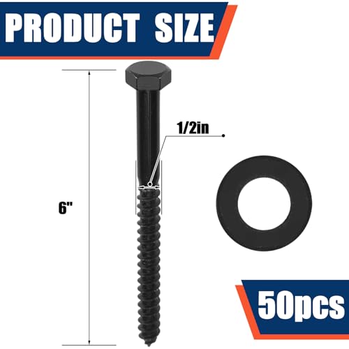 Tandefio 50 Pack 1/2''X 6'' Lag Bolts Screw with Washer Galvanized, Black - size: 1/2''x 6''