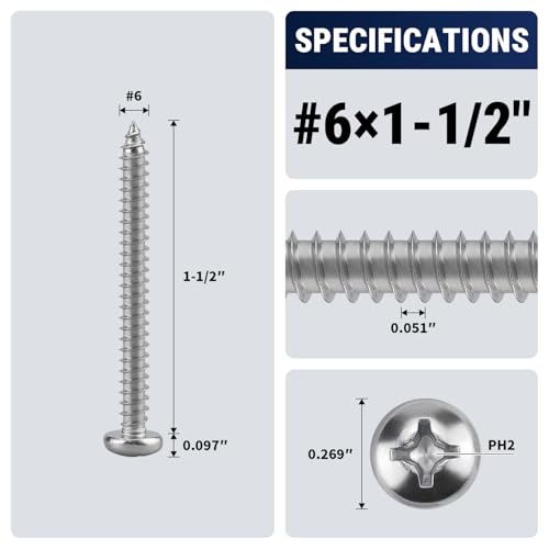 #6 x 1-1/2" (100 Pack) Stainless Steel Phillips Pan Head Wood Screws, Stainless Steel 304 (18-8), Pan Head Sheet Metal Screws Self Tapping for Wood - size: #6 x 1-1/2"