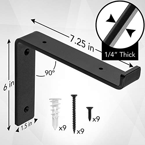 Heavy-Duty Shelf Brackets - Premium Construction Grade 1/4" (6mm) Thick Steel - Matte Black Iron Finish for Modern Farmhouse Rustic Open Shelving w/ Hardware, 4-Pack - (L Bracket w/ Lip, 7.25" x 6") - size: 7.25" x 6", style: L Bracket w/ Lip