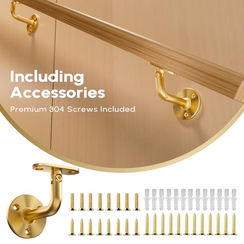 304 Stainless Steel Handrail Brackets for Indoor Stairs, 270° Adjustable Railing Bracket, Heavy Duty Wall Mount for Square & Flat Rail (Gold, 4 Pack) - style: Gold - 4 Pack