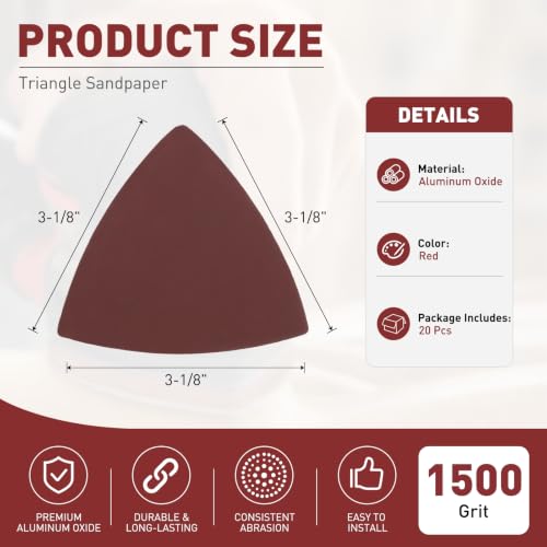 20Pcs Triangle Sandpaper 3-1/8" 1500Grit Red - size: 3 1/8inch, 1500 Grit