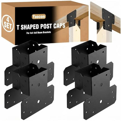 Yaocom 4 Sets T Shape Post Bracket 4x4 4x6 Post to Beam Connector, Black - color: Black
