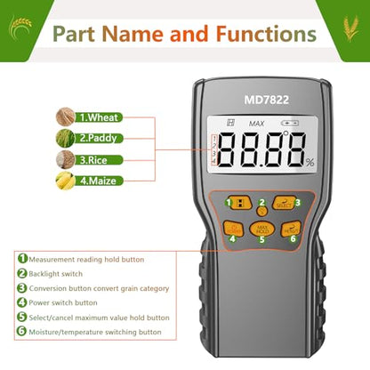 Grain Moisture Meter Precise & Fast Measurements Grain Moisture Tester with Probe, Moisture Meter Probe for Mazie, Wheat, Corn, Paddy and Rice
