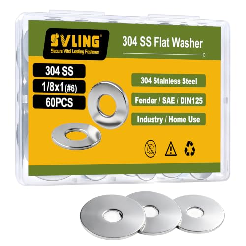 60PCS 1/8" x1" Fender Washers, 304 Stainless Steel 18-8, 1/8" ID x 1" OD Hardware Flat Washers for Screws Bolts - color: Silver, size: Fender 1/8(#6)x1"