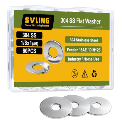 60PCS 1/8" x1" Fender Washers, 304 Stainless Steel 18-8, 1/8" ID x 1" OD Hardware Flat Washers for Screws Bolts - color: Silver, size: Fender 1/8(#6)x1"