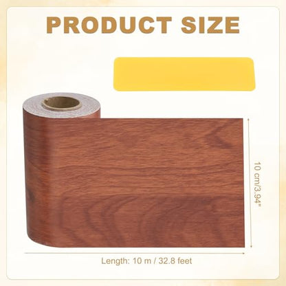 Wood Grain Repair Tape 4" x33', Self Adhesive Realistic Textured Repair Patch Peel and Stick Wood Tape with Scraper for Floor Door Window Furniture Table Red Brown