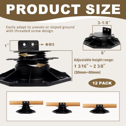 12 Pack Adjustable Deck Support Pedestal Kit 1-3/16" to 2-3/8" - size: (Kit) 1-3/16" to 2-3/8"