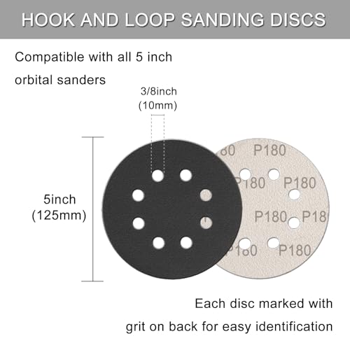 100Pcs 5 Inch Sanding Discs Hook & Loop 8-Hole Wet Dry Sandpaper 180 Grit - style: 100Pcs 180 Grit