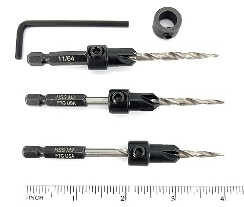 FTG USA 3 Pc #8 (11/64") Countersink Drill Bit Set with Tapered Drill Bits - size: #8, style: Same Sort 3 Pc