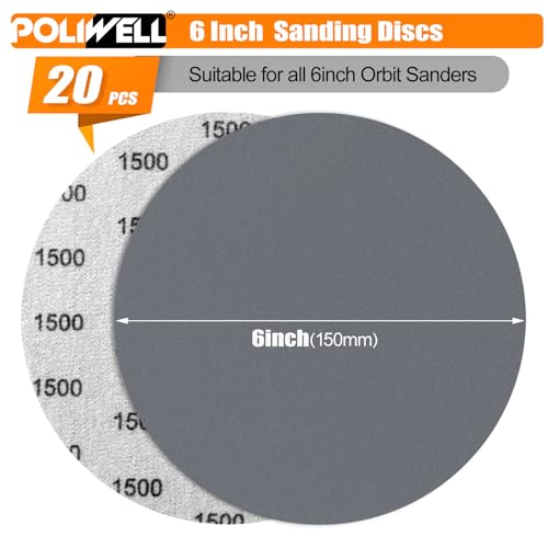 POLIWELL Sanding Discs 6 Inch 1500 Grit 20 Pack Hook & Loop - style: 1500 Grit