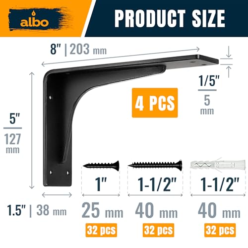 ALBO 8 x 5 Inch Shelf Brackets, 4 Pack Heavy Duty Steel L Brackets in Black - size: 8 Inch, style: Heavy Duty Reinforced