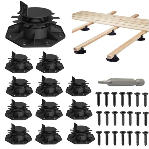 Deckit 12-Pack Adjustable Deck Support Pedestals, 1.18"–2.36" (30–60 mm), for 2×4 & 2×6 Joist Framing, Ground Support & Leveling for Patio, Shed Base & Floating Deck Includes Screws - size: 12 Pack