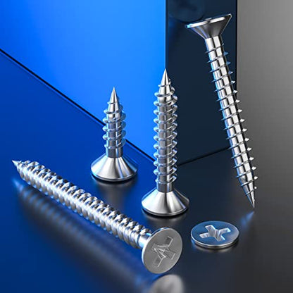 Wensilon (300Pcs) #8x1 Wood Screw Quick Metal Self Tapping Flat Head 304 Stainless Steel - color: Silver, size: #8x1