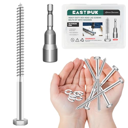 (15Sets) 1/4" x 4" Hex Head Lag Bolts, Heavy Duty Lag Screws with Washers, 304 Stainless Steel 18-8, 1/4 Bolt for Wood, Fully Threaded - size: 1/4" x 4"
