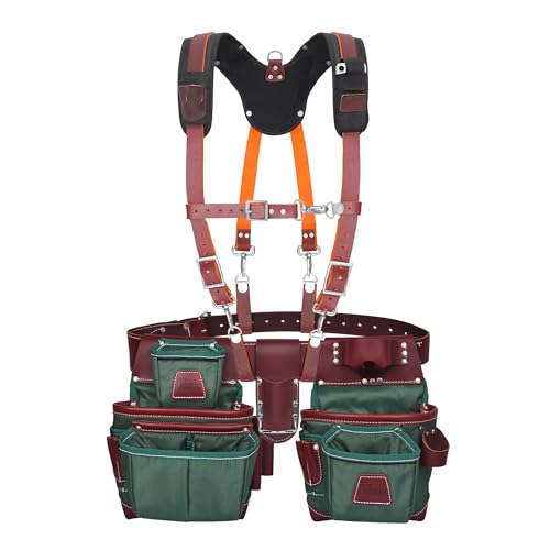 Heavy Duty Nylon and Leather Tool Belt with Cell Phone Pocket Work Suspender | Framing Tool Pouch | Carpenter | Construction | Framers & Electrician