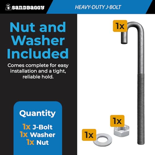 Sandbaggy 1/2" Galvanized Threaded J-Bolt Concrete Anchor (Nut & Washer Included) - J Hook Type Bolts (10, 8" Length)
