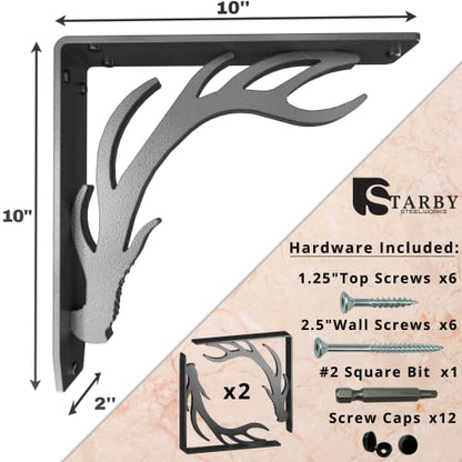 Starby Elk Lodge Antler Heavy Duty Steel Fireplace Mantel Brackets, Floating Shelf, Countertop Support, Log Cabin - Hand Welded (2 Pack) (10 x 10 x 2) - color: Elk Lodge, size: 10" x 10" x 2"