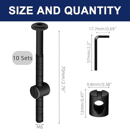 M6 x 70mm Black Flat Head Socket Head Screw Furniture Bolts and Barrel Nuts, with Allen Wrench Perfect for Furniture, 10 Sets - color: Black, size: M6 x 70mm