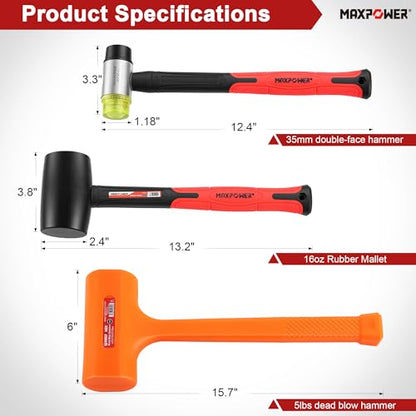 MAXPOWER 3-Piece Hammer Set, 5LB Dead Blow, 16oz Rubber & 35mm Soft Mallets - size: 5lb 16oz 35mm