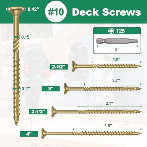 #10 x 2-1/2” Deck Screws, 500Pcs Star Drive Wood Screws - color: Gold, size: 2-1/2 Inch