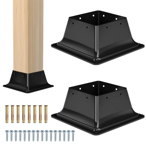 4x4 Post Base 2PC-Inner Size 3.6x3.6-Metal Post Brackets-Deck Post Anchors-Solid Steel-Powder Coated-Wood Post Holder for Porch Handrail Railing Pergola Fence Pavilion-Support Deck Base