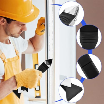 Silicone Caulking Tool, 3 in 1 Caulking Remover Glazing Compound Finishing Tool with 5 Replacement Silicone Scraper Pads, Grout Scraper Kit for Bathroom, Kitchen, Floor, Window, Sink Joint