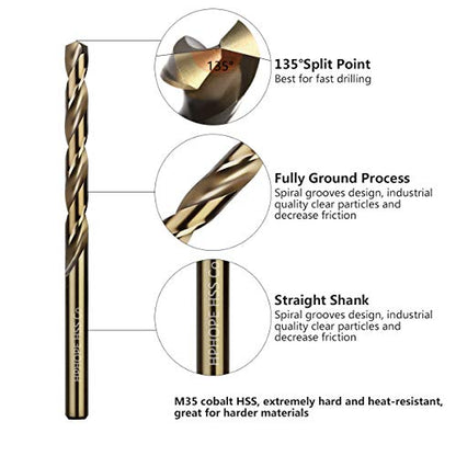 3/8 Inch Cobalt Drill Bits 5Pcs - HPHOPE M35 HSS Metal Twist Drill Bits Set, Jobber Drill Bits Length and Straight Shank, Suitable for Drilling in Hard Metal, Stainless Steel, Cast Iron - size: 3/8-inch, 5Pcs