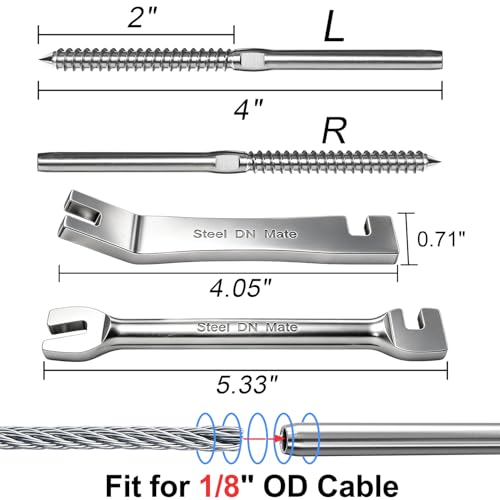 Steel DN Mate 30 Pack Left&Right Handed Thread Swage Lag Screws for Wood Post of 1/8" Deck Railing Kit, T316 Stainless Steel Cable Railing/Stair Deck Railing, DIY Baluster Hardware, Wrench Included - color: Silver