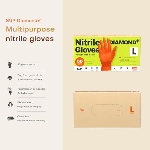 SUPER+ HEAVY DUTY Nitrile Gloves 8 Mil Diamond Texture Disposable Chemical Resistant Powder &Latex Free Food Safe Orange 50Ct - color: Large (Orange)