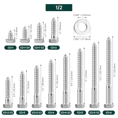 1/2 x 2 Hex Head Lag Screws Bolts with Flat Washers (8 Sets), 304 Stainless Steel 18/8, Partial Thread, Deck Screws, Heavy Duty Hex Head Wood Lag Screws, Fayeploo - size: 1/2 x 2"