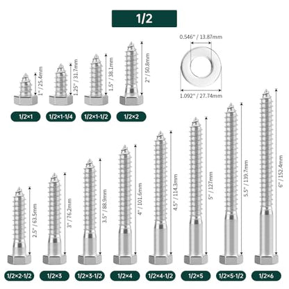 1/2 x 1-1/2" Hex Head Lag Screws Bolts with Flat Washers (8 Sets), 304 Stainless Steel 18/8, Full Thread, Deck Screws, Heavy Duty Hex Head Wood Lag Screws, Fayeploo - size: 1/2 x 1-1/2"
