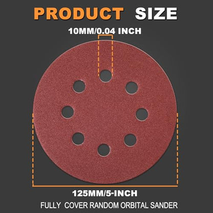 100Pcs 5-Inch 8-Hole Hook & Loop 40 Grit Sanding Discs