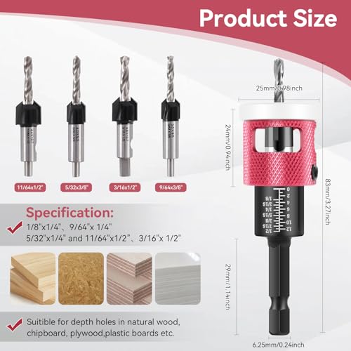 Countersink Drill Bit Set - 5 Pcs Countersink Drill Bit with Low Friction Depth Stop, HSS M2 Tapered Bits, Carbide Drill Bits 1/4” Hex Shank for Woodworking Tools - color: red