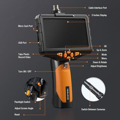 Teslong 5'' Dual Lens Borescope Camera for Wall & Engine Inspection - size: 16.5FT