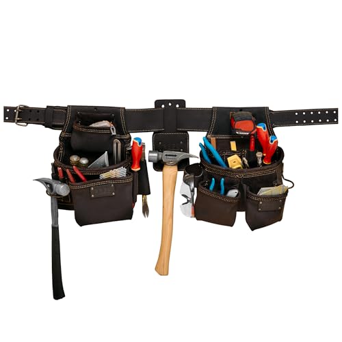 FESA 3 Inch Leather Tool Belt for Men with Hammer Holder Adjustable 34"-44" - color: Brown