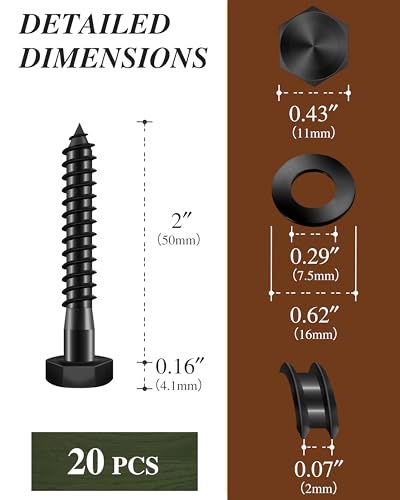 (1Box) 1/4" x 2" Hex Head Lag Screws Bolts with Flat Washers, 20Sets Black 304 Stainless Steel 18-8 Heavy Duty 1/4 Lag Bolts for Wood with Hex Socket - size: 1/4" x 2", style: 1-Box