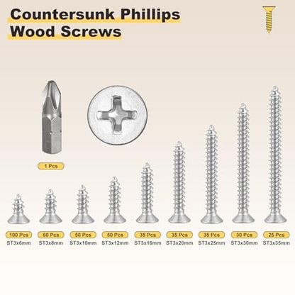 METALLIXITY 421Pcs(ST3) Countersunk Phillips Wood Screws Kit SS304 - color: Silver, size: ST3x35
