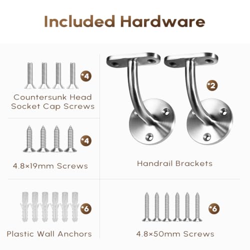 2 Pack 316 Stainless Steel Handrail Bracket for Indoor Stairs, Brushed Railing Brackets for Handrail, Wall Mount Hand Rail Bracket - size: 2 Pack
