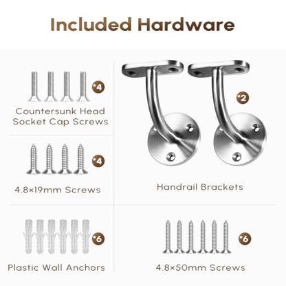 2 Pack 316 Stainless Steel Handrail Bracket for Indoor Stairs, Brushed Railing Brackets for Handrail, Wall Mount Hand Rail Bracket - size: 2 Pack
