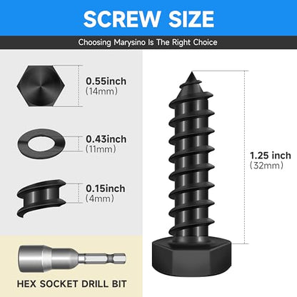 (12-Set) 3/8 x 1-1/4" Lag Screws, Stainless Steel Heavy Duty Hex Head Lag Bolts for Wood, Commercial/Industrial Grade 1/4 Bolts, Mounting Screws Bolts Kit, Black Oxided by Marysino - color: Black, size: 3/8 x 1-1/4"